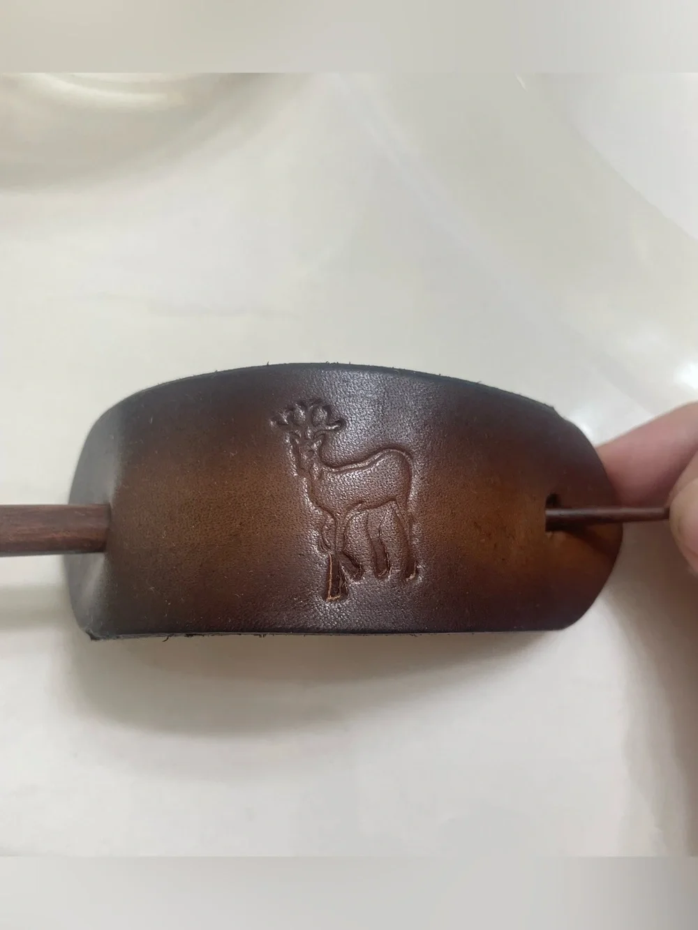 Brown Leather Hair Stick Set with Deer Embossing